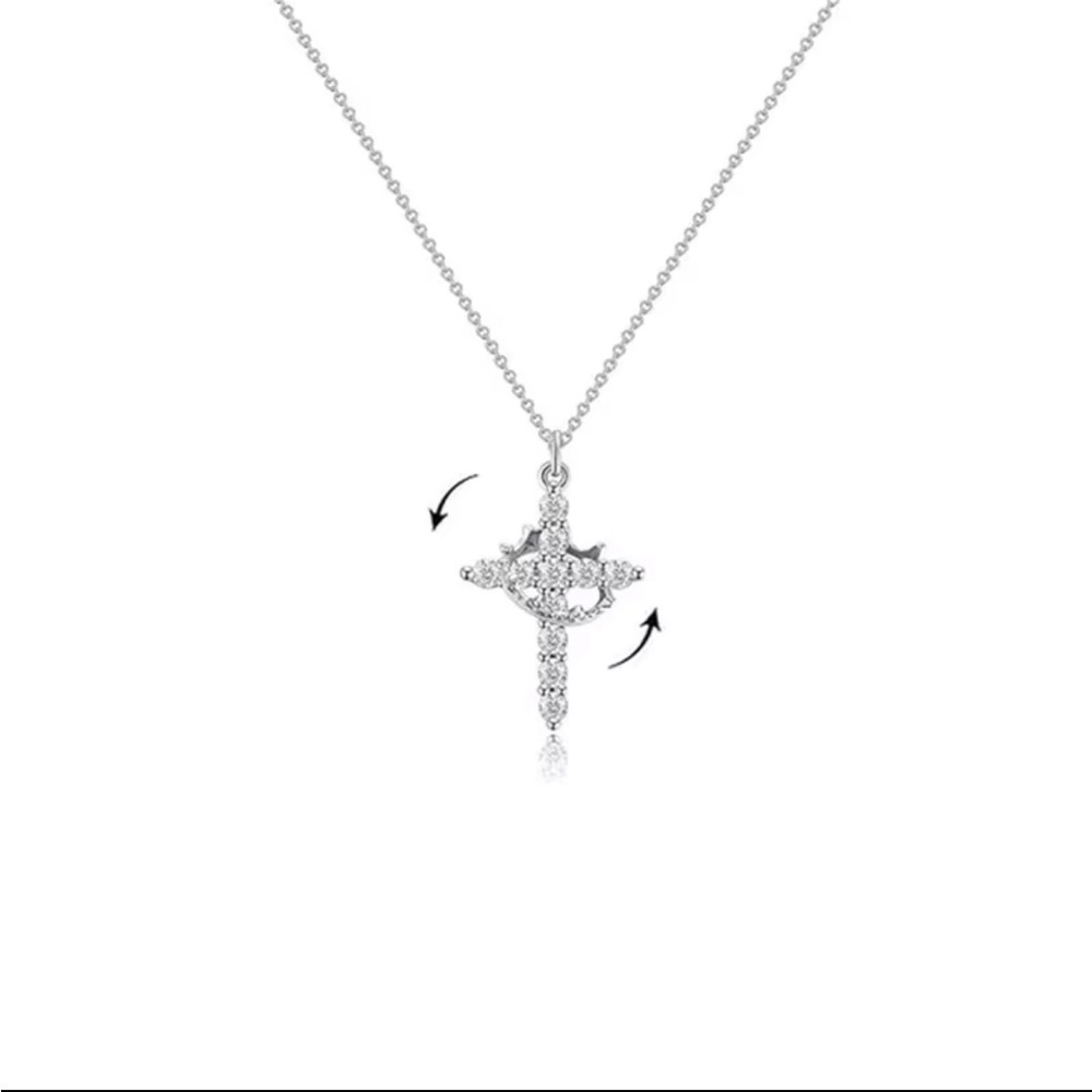 Silver Zircon Cross Pendant Necklace w/ Rotatable Crown 18” Chain Gifts For Her